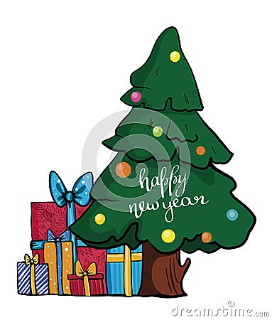 Christmas tree decorated with colorful toys. Under the tree are Christmas gifts. Stock Photo